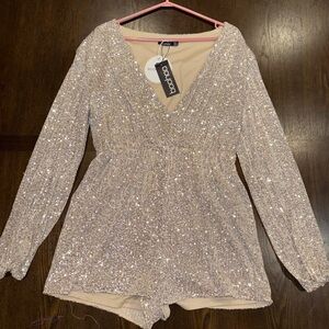 Boohoo Women's Sequin Romper Nude Beige Champagne Silver